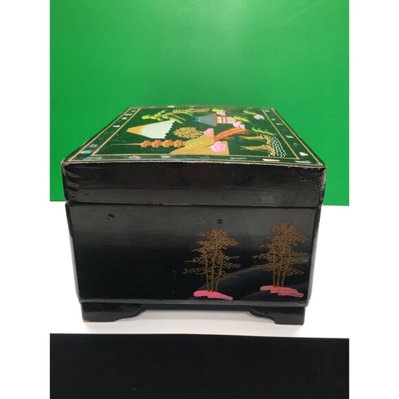 Vintage Japanese Lacquered Music Jewelry Box with Key Black 1950s - Sound Works - Picture 7 of 16